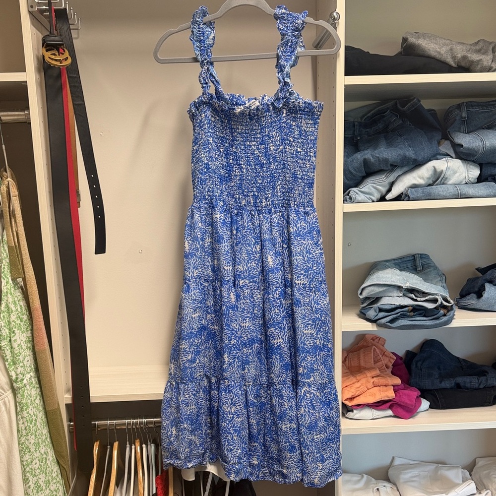 Amanda Uprichard Blue and White Smocked Midi Sundress